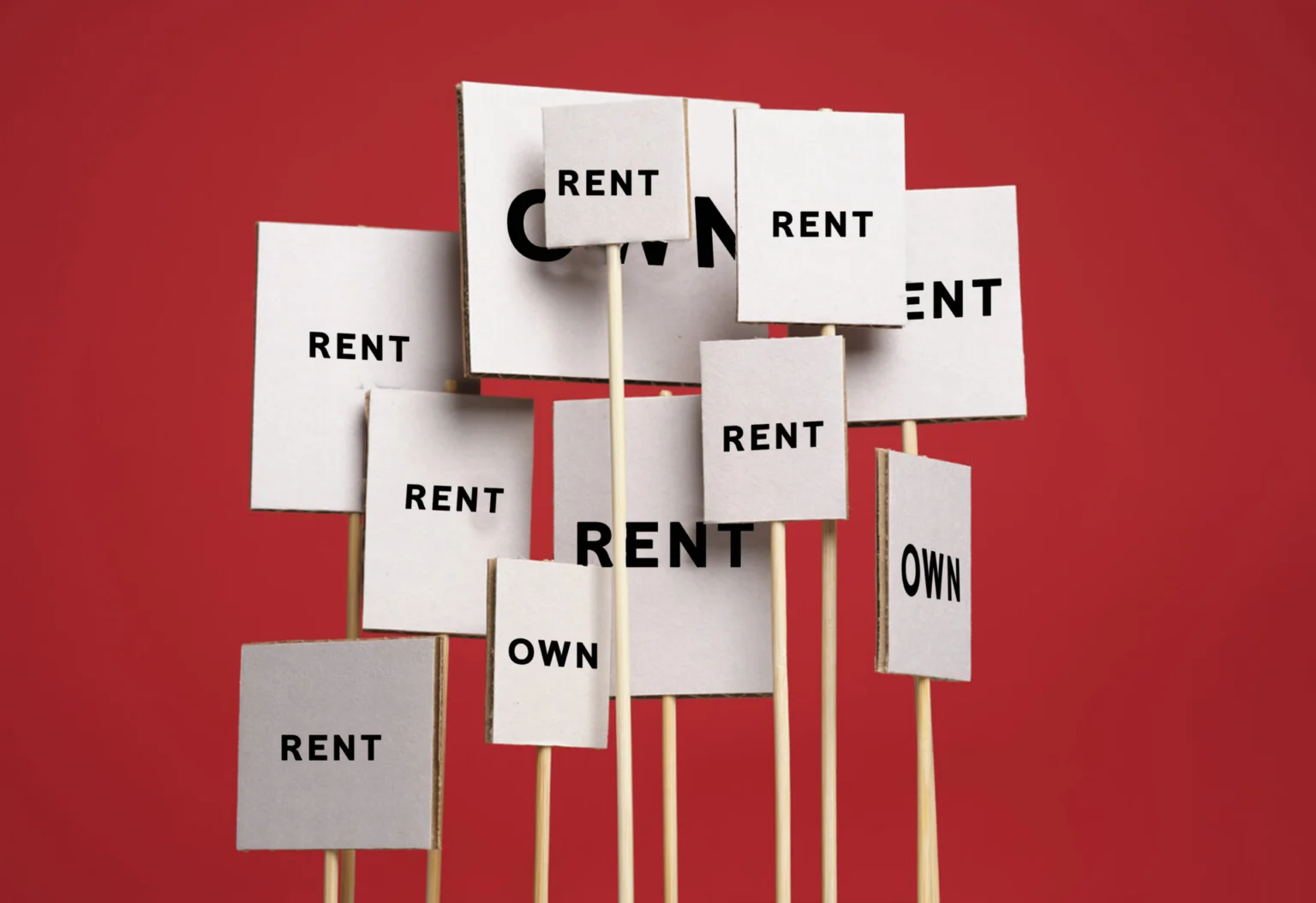 a group of white signs with black text