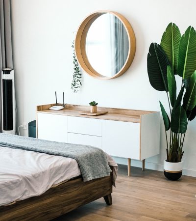 white wooden dresser with mirror