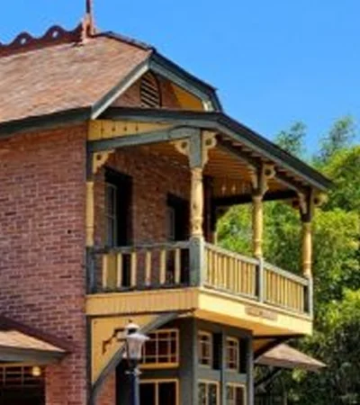 a brick building with a balcony