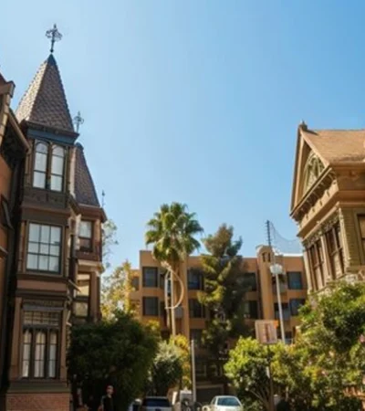 a row of buildings with trees and cars