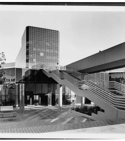 modern building with bridges in black and white