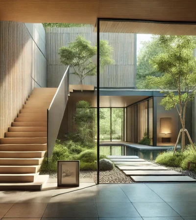 interior courtyard of modern home with a wooden staircase and trees