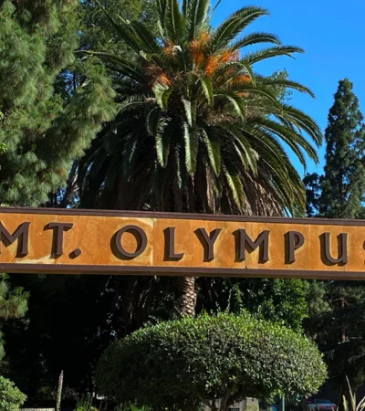 a sign with trees and bushes in the background