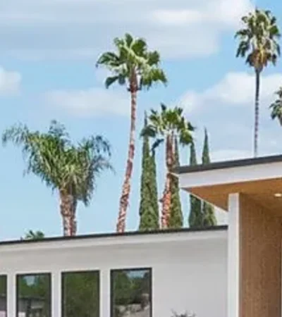 a building with palm trees