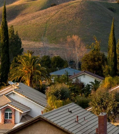 a group of houses with trees and hills in the background