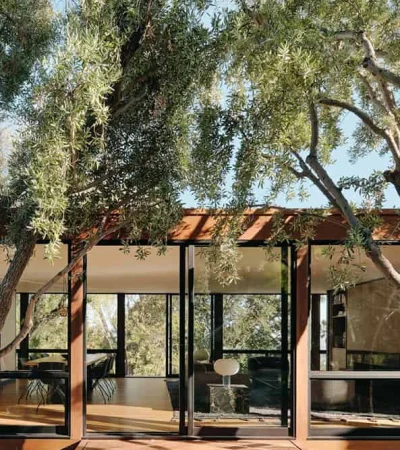 a glass house with trees around it