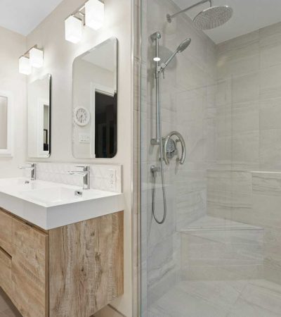 a bathroom with a glass shower