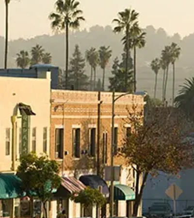 a building with palm trees in the background