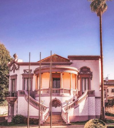 a white house with a palm tree in front of it