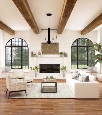 modern farmhouse with a white sofa chair near fireplace