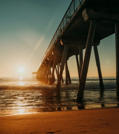 brown wooden dock above seashore during golden hour