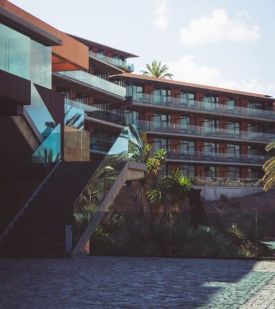 a building with a brick walkway