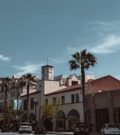 a city street with palm trees and a clock tower