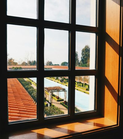 a view of a pool through a window