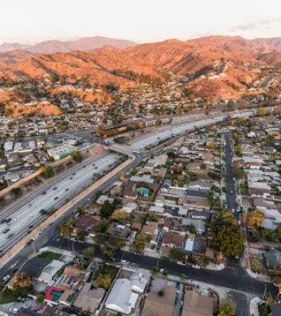 Aerial view Interstate 5 freeway and Verdugo Mountain in the San Fernando Valley near Burbank and Los Angeles, California.